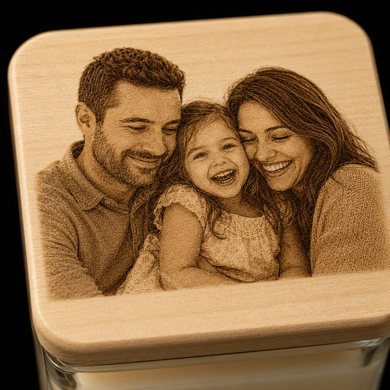 A family photograph engraved into a maple lid