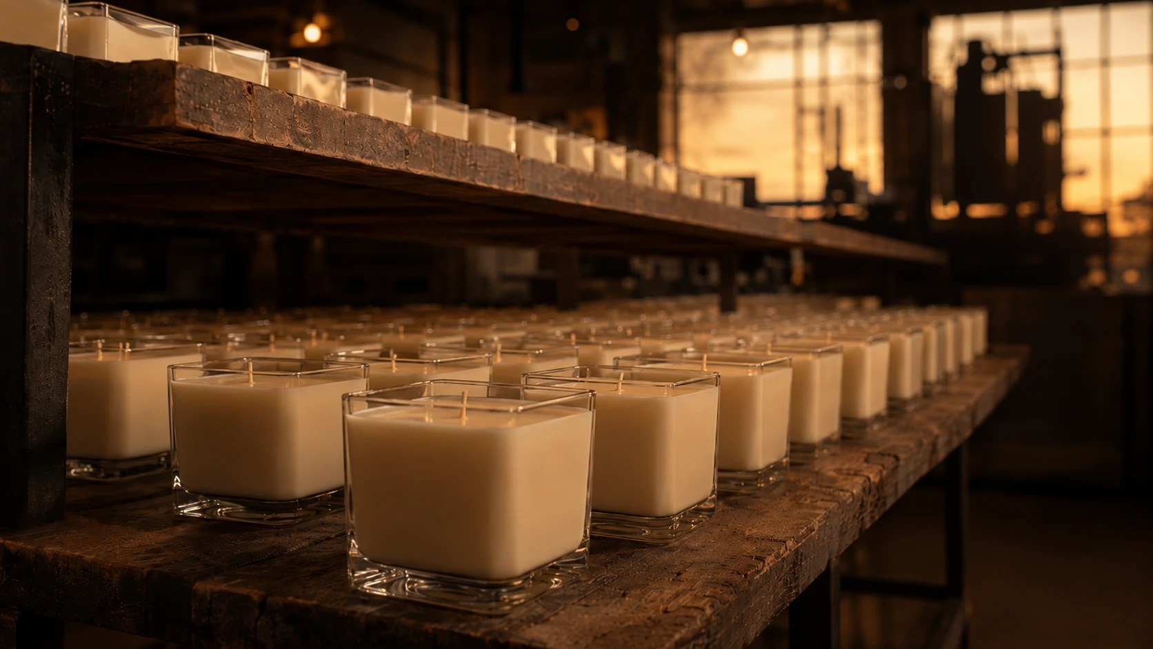 Candles curing on wooden racks in the Amador workshop at dusk, machinery as distant silhouettes